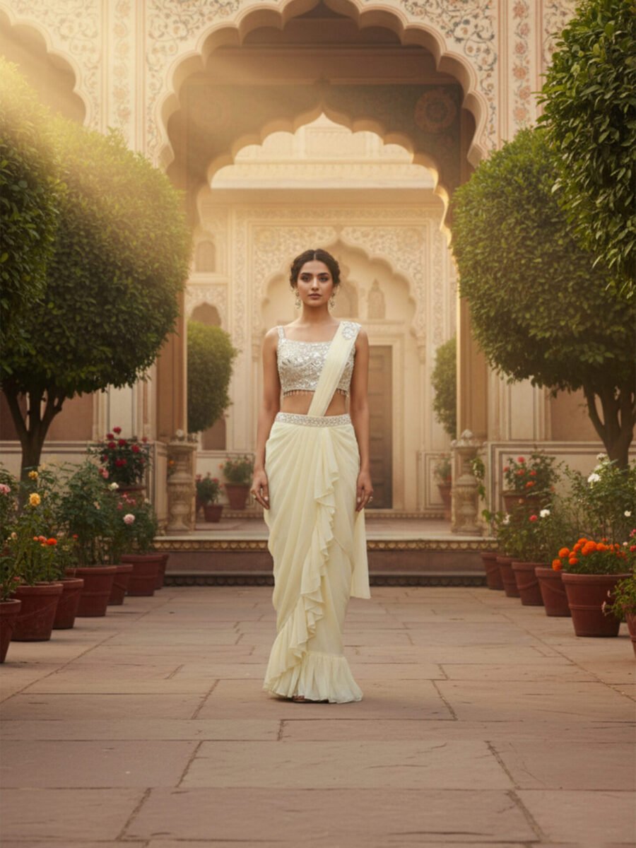 Ivory Pearl Ruffle Pre-Draped Saree with Embellished Sleeveless Blouse