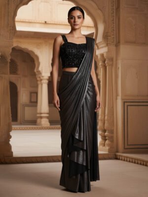 Midnight Black Shimmer Pre-Draped Saree with Embellished Sleeveless Blouse