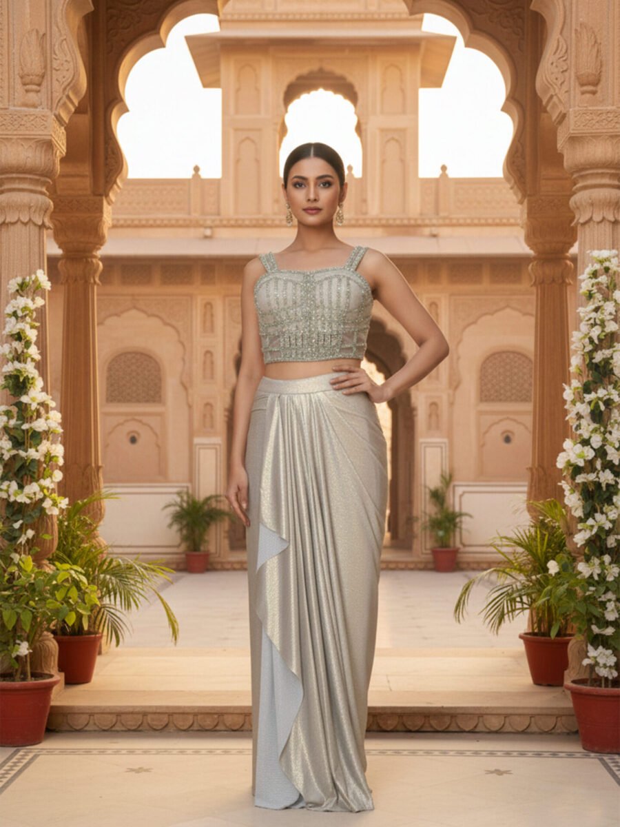 Silver Mist Shimmer Pre-Draped Saree with Embellished Corset Blouse