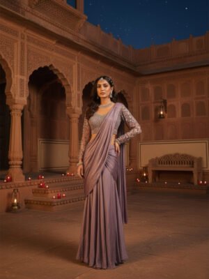Dusky Mauve Shimmer Pre-Draped Saree with Embellished Full-Sleeve Blouse