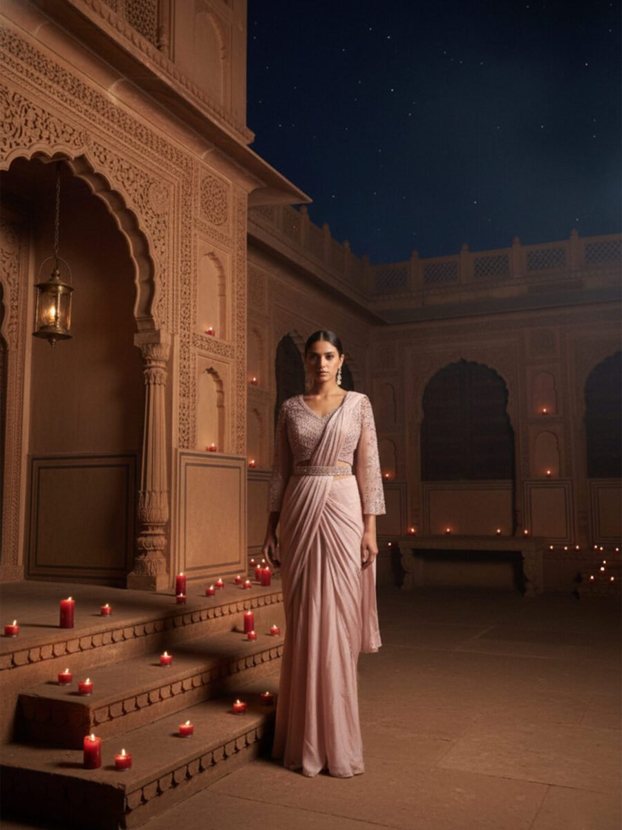 Blush Rose Pre-Draped Saree with Embellished Belt & Full-Sleeve Blouse