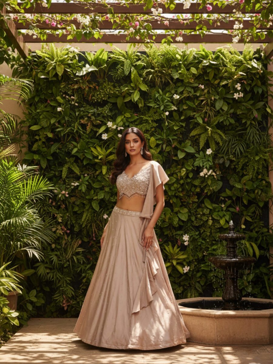 Blush Pearl Pre-Draped Satin Georgette Saree with Embellished Halter Blouse