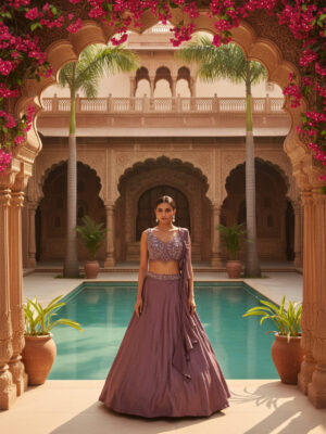 Plum Mauve Pre-Draped Satin Georgette Saree with Embellished Blouse