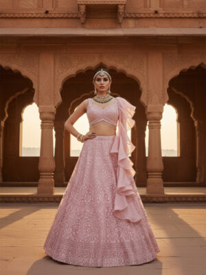 Rose Blush Embroidered Lehenga Set with Ruffle Dupatta