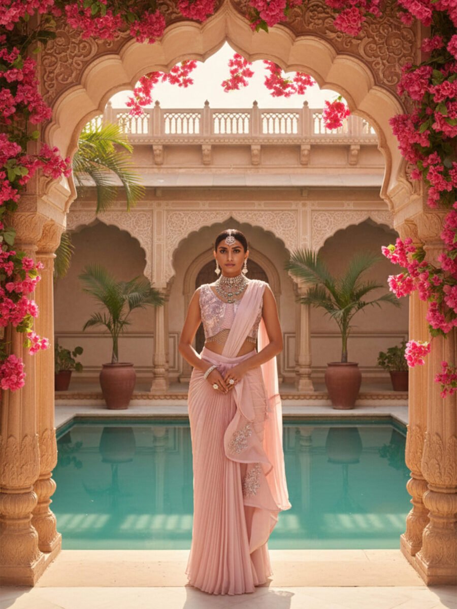 Soft Blush Pre-Draped Pleated Saree with Embellished Blouse