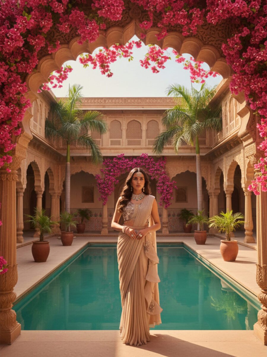 Champagne Sand Pre-Draped Pleated Saree with Embellished Blouse