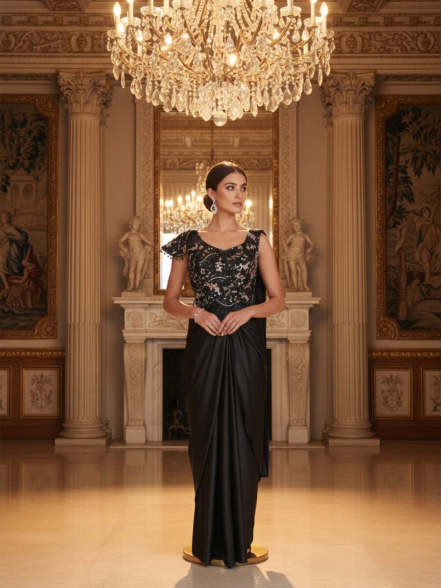 Midnight Black Pre-Draped Satin Saree with Embellished Blouse