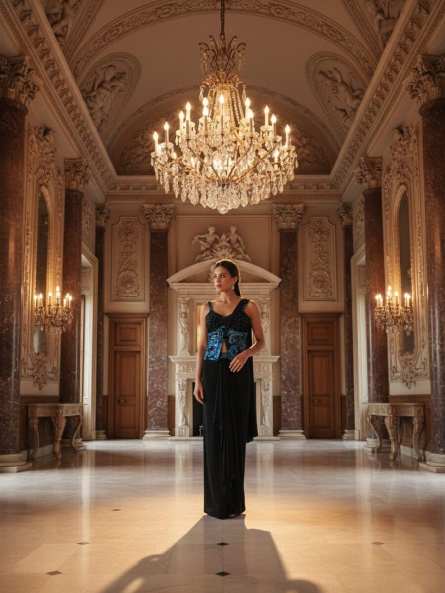 Regal Noir Pre-Draped Saree with Hand-Embellished Couture Blouse