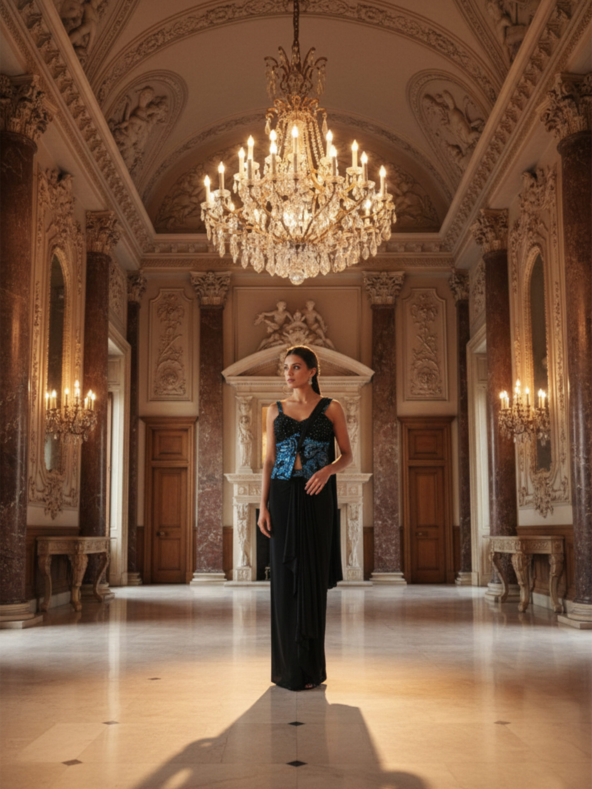 Regal Noir Pre-Draped Saree with Hand-Embellished Couture Blouse