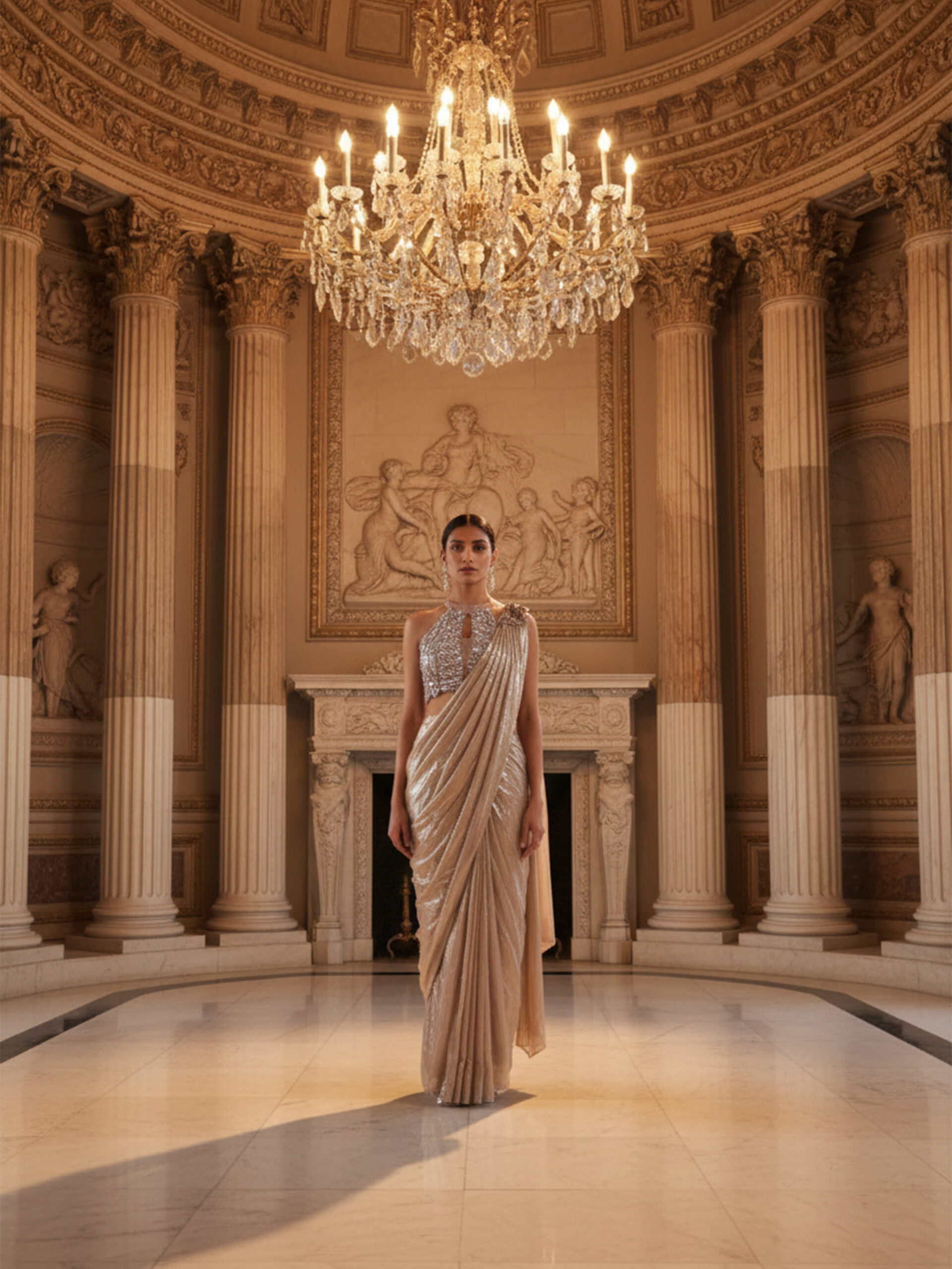 Ivory Champagne Pre-Draped Saree with Crystal Embellished Blouse