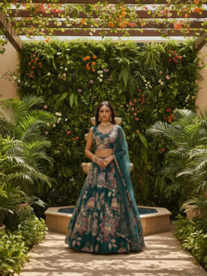 Emerald Garden Floral Embroidered Lehenga Set with Sheer Dupatta