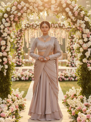 Ivory Mist Embellished Draped Saree with Sequin Blouse