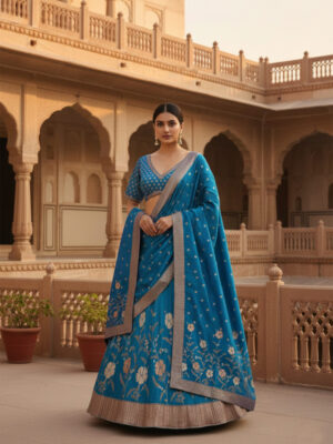 Royal Teal Blue Hand-Embroidered Lehenga Saree Set with Silver Border