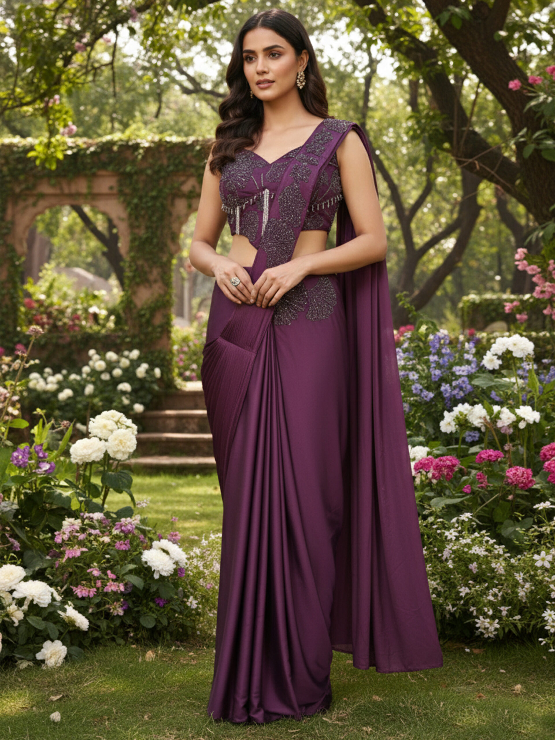 Plum Wine Embellished Pre-Draped Saree with Designer Blouse