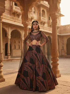 Plum Wine Embroidered Lehenga Choli with Sheer Cape