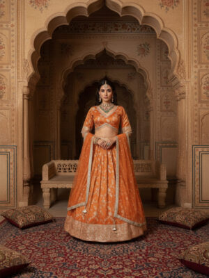 Rust Orange Floral Embroidered Lehenga Choli with Dupatta