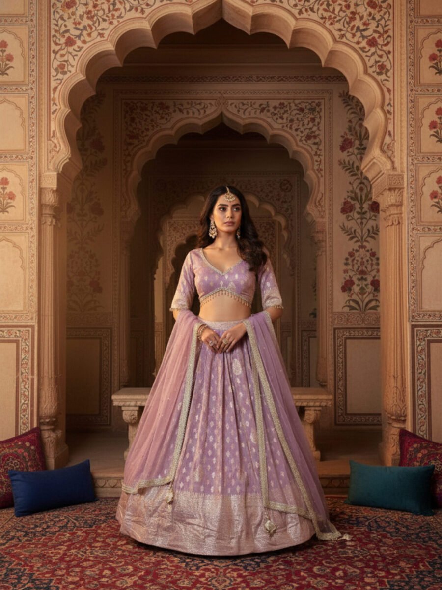 Lavender Handcrafted Silk Blend Bridal Lehenga Set
