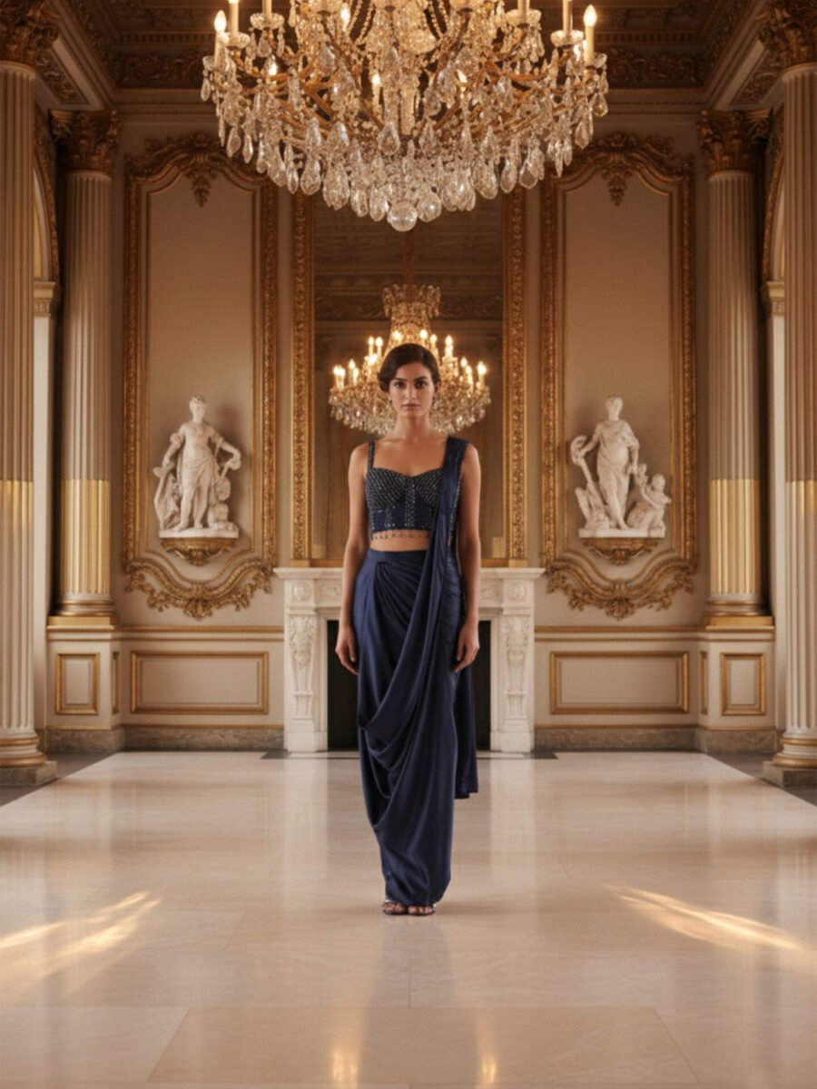 Royal Sapphire Embellished Draped Saree Set