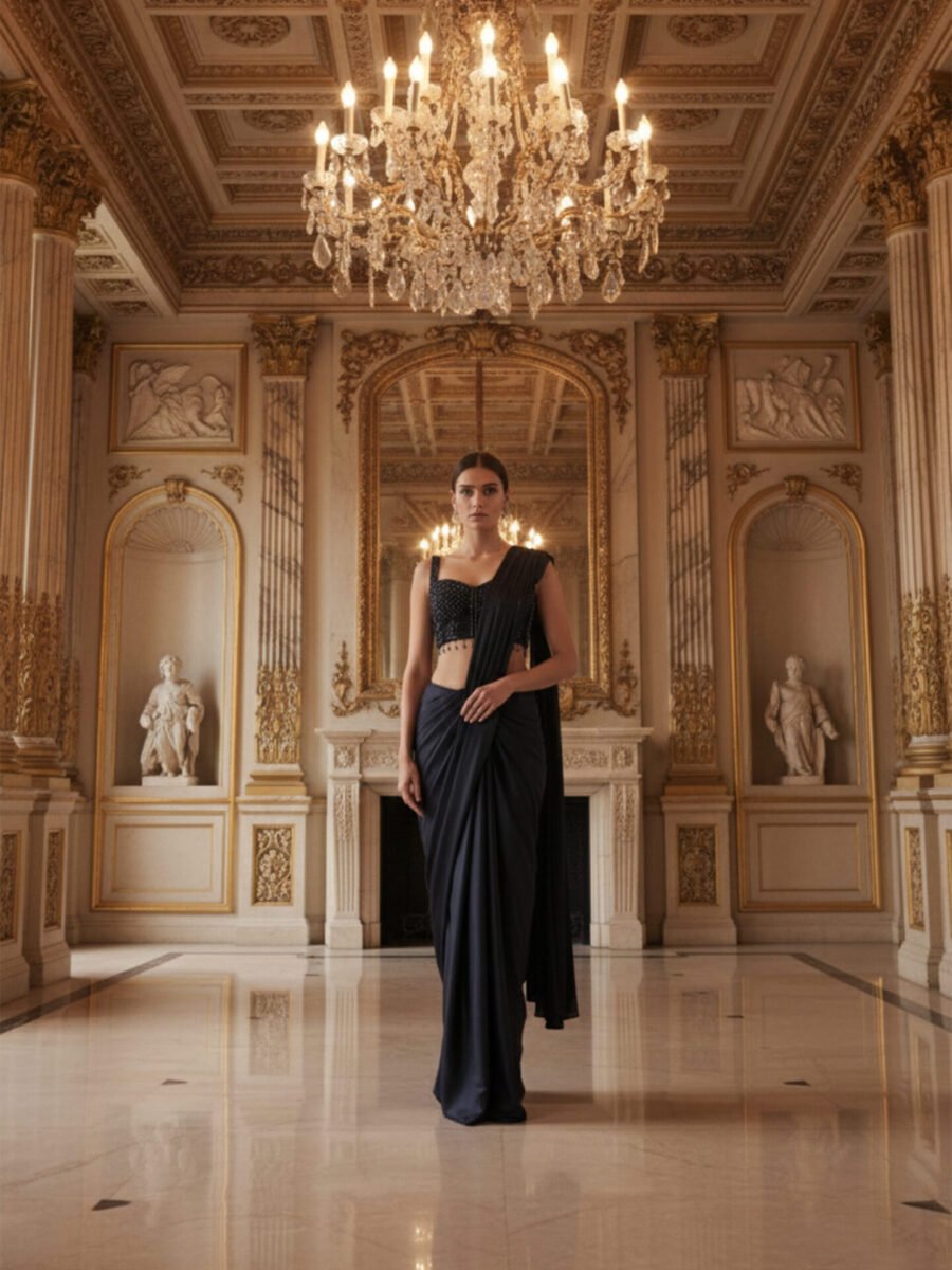 Imperial Onyx Embellished Draped Saree Set