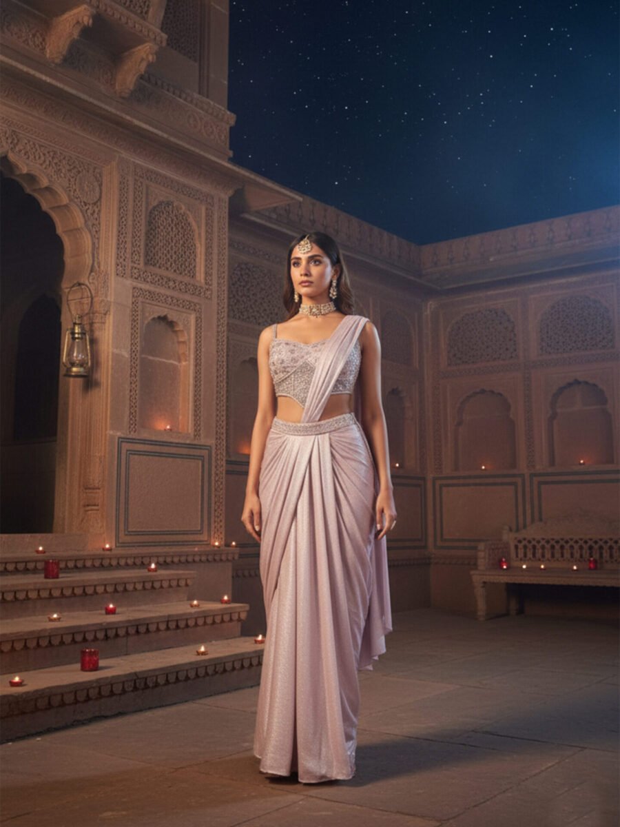 Moonlit Pearl Embellished Draped Saree Set