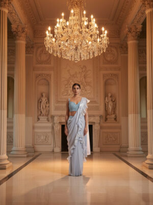 Ice Blue Ruffle Draped Saree with Embellished Blouse