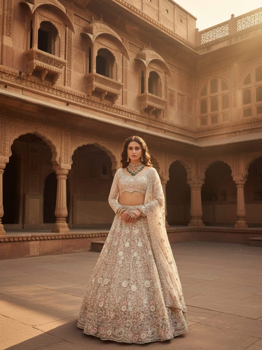 Ivory Hand-Embroidered Bridal Lehenga Set with Dupatta