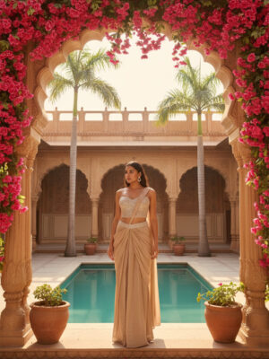 Elegant Champagne Gold Pre-Draped Saree with Embellished Blouse
