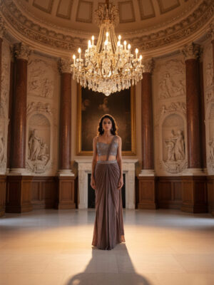 Mocha Bronze Pre-Draped Saree with Crystal-Embellished Blouse