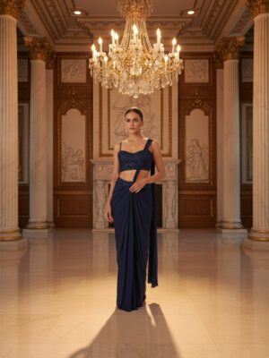 Midnight Blue Pre-Draped Saree with Hand-Embellished Blouse