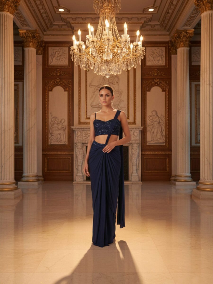 Midnight Blue Pre-Draped Saree with Hand-Embellished Blouse