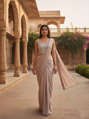 Taupe Grey Draped Saree with Embellished Blouse