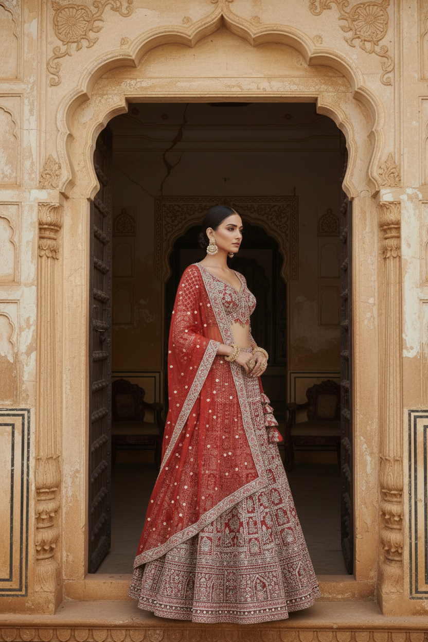 Crimson Darbar Hand-Embroidered Bridal Lehenga Set - Image 5