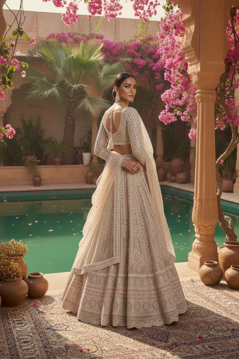 Ivory Blush Jaal Hand-Embroidered Bridal Lehenga Set - Image 4