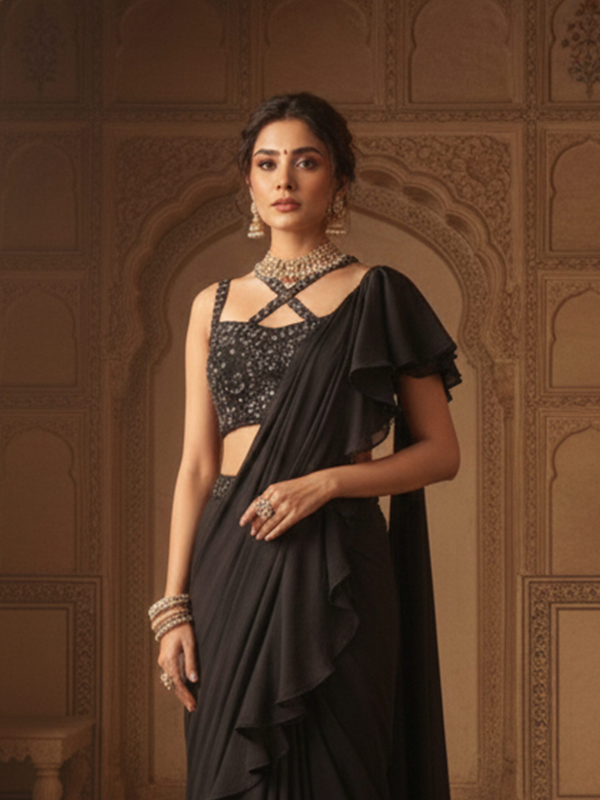 Elegant Grey Banarasi Silk Draped Saree - Image 5