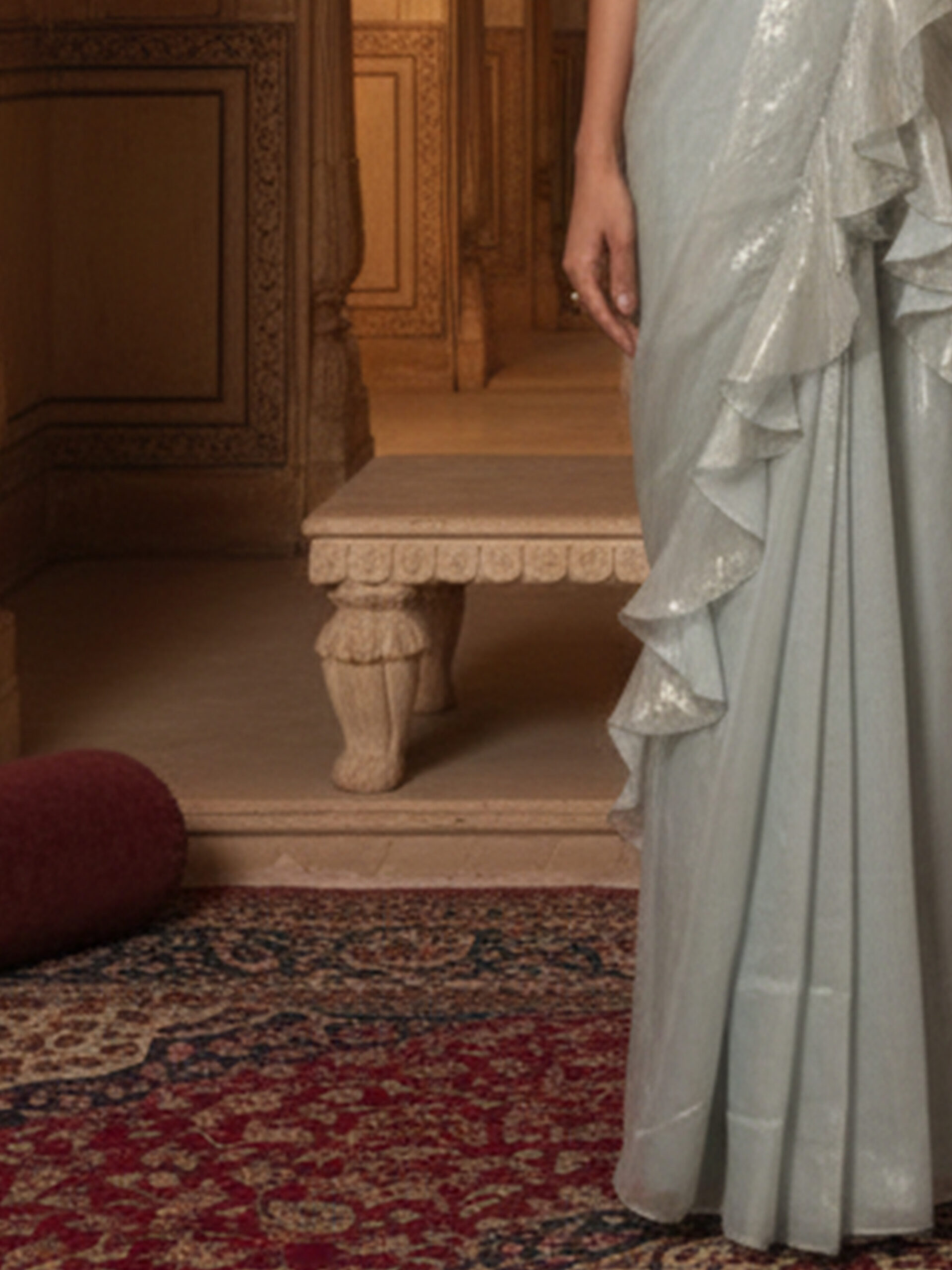 Ivory Silver Ruffle Draped Saree with Embellished Halter Blouse - Image 2