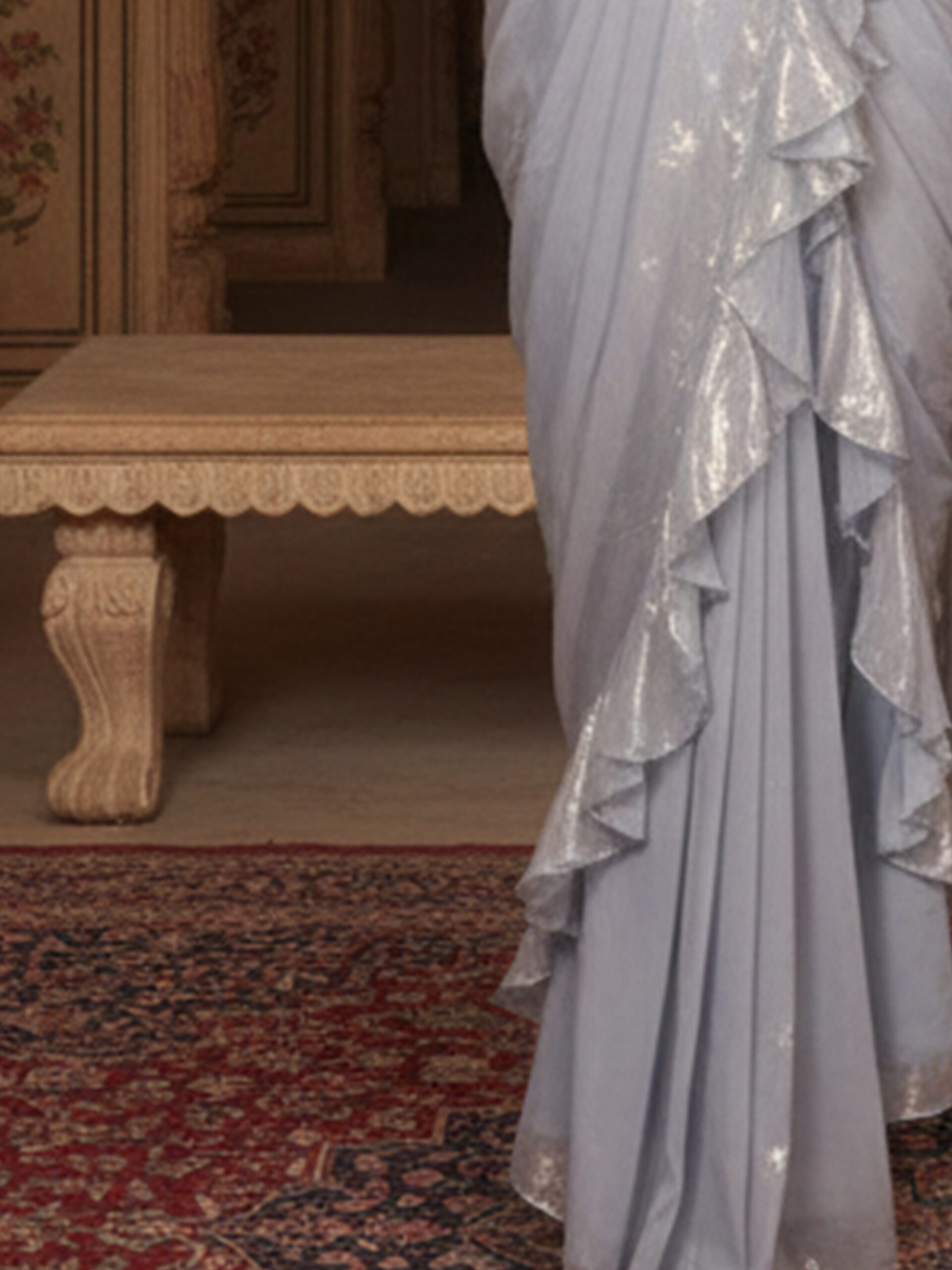 Moonlight Silver Ruffle Draped Saree with Embellished Halter Blouse - Image 2