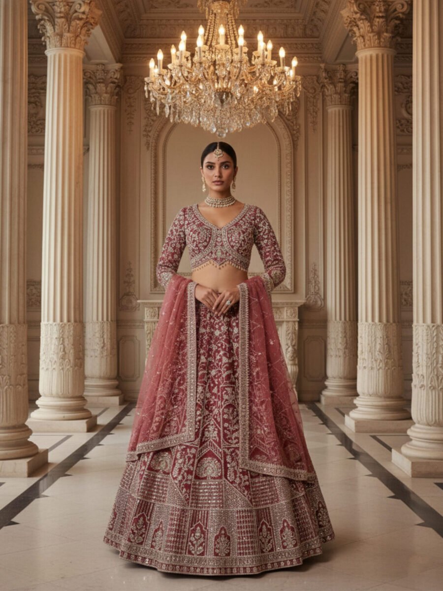Vintage Wine Palace Hand-Embroidered Bridal Lehenga Set