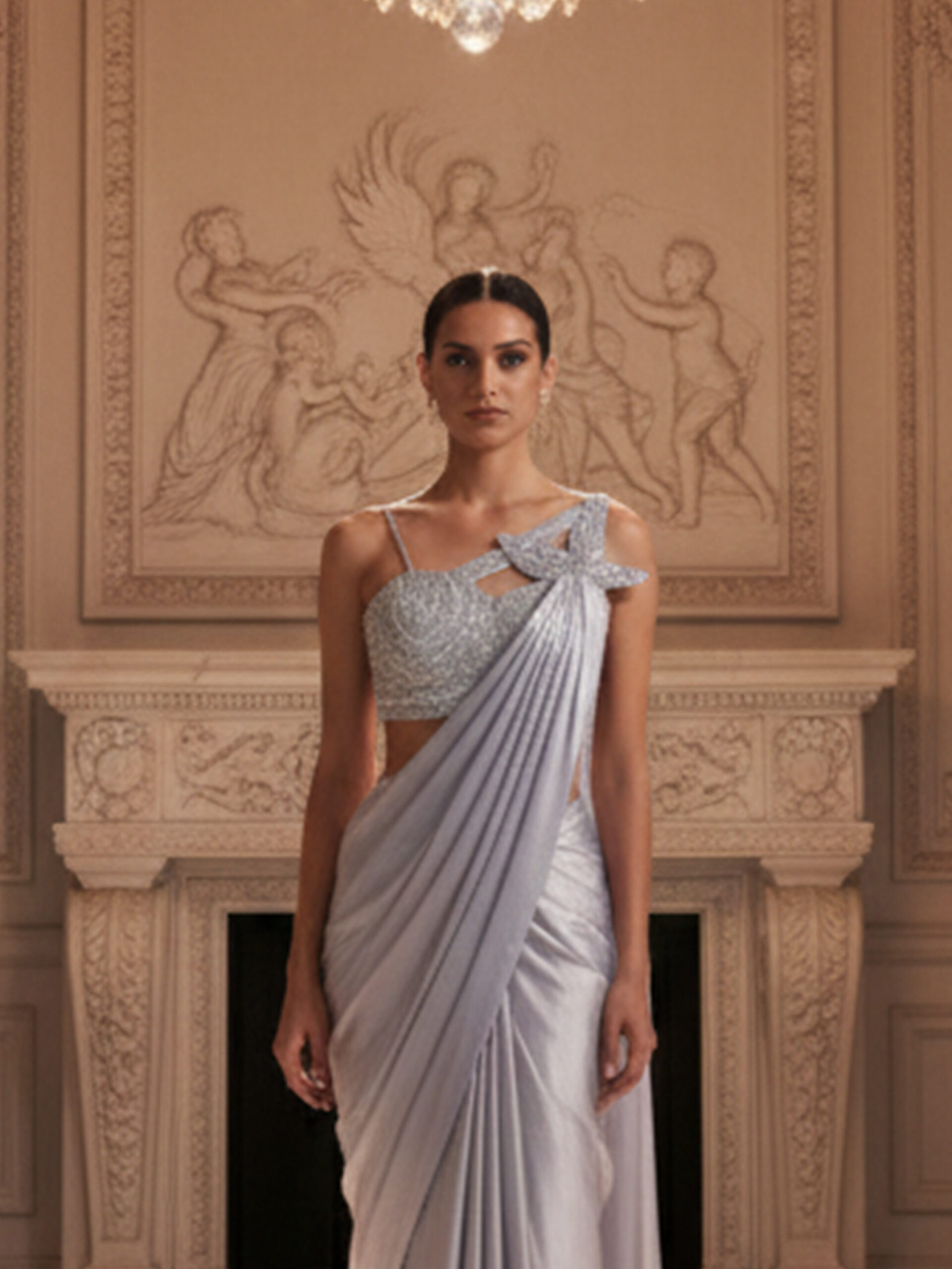 Elegant Silver Satin Pre-Draped Saree with Embellished One-Shoulder Blouse - Image 2