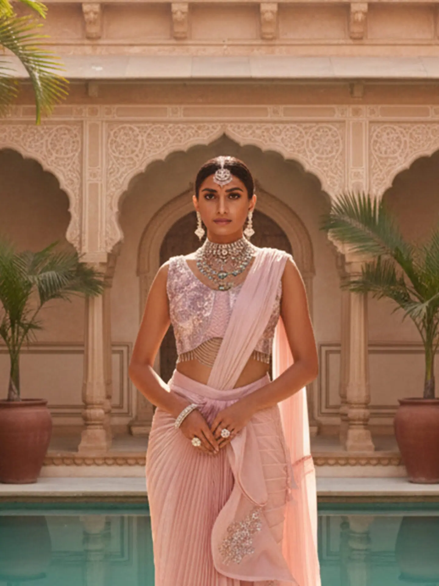 Soft Blush Pre-Draped Pleated Saree with Embellished Blouse - Image 2