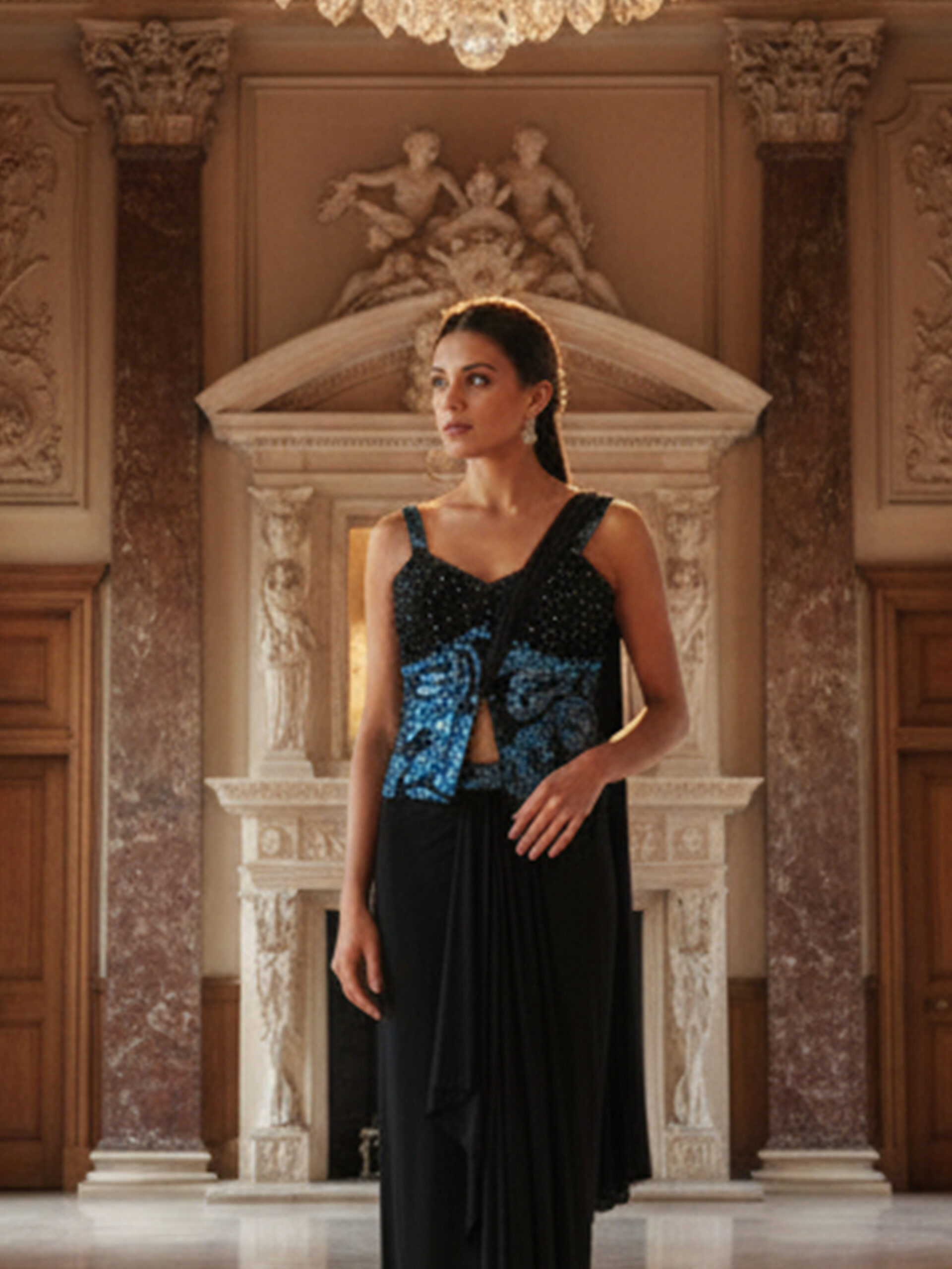 Regal Noir Pre-Draped Saree with Hand-Embellished Couture Blouse - Image 2
