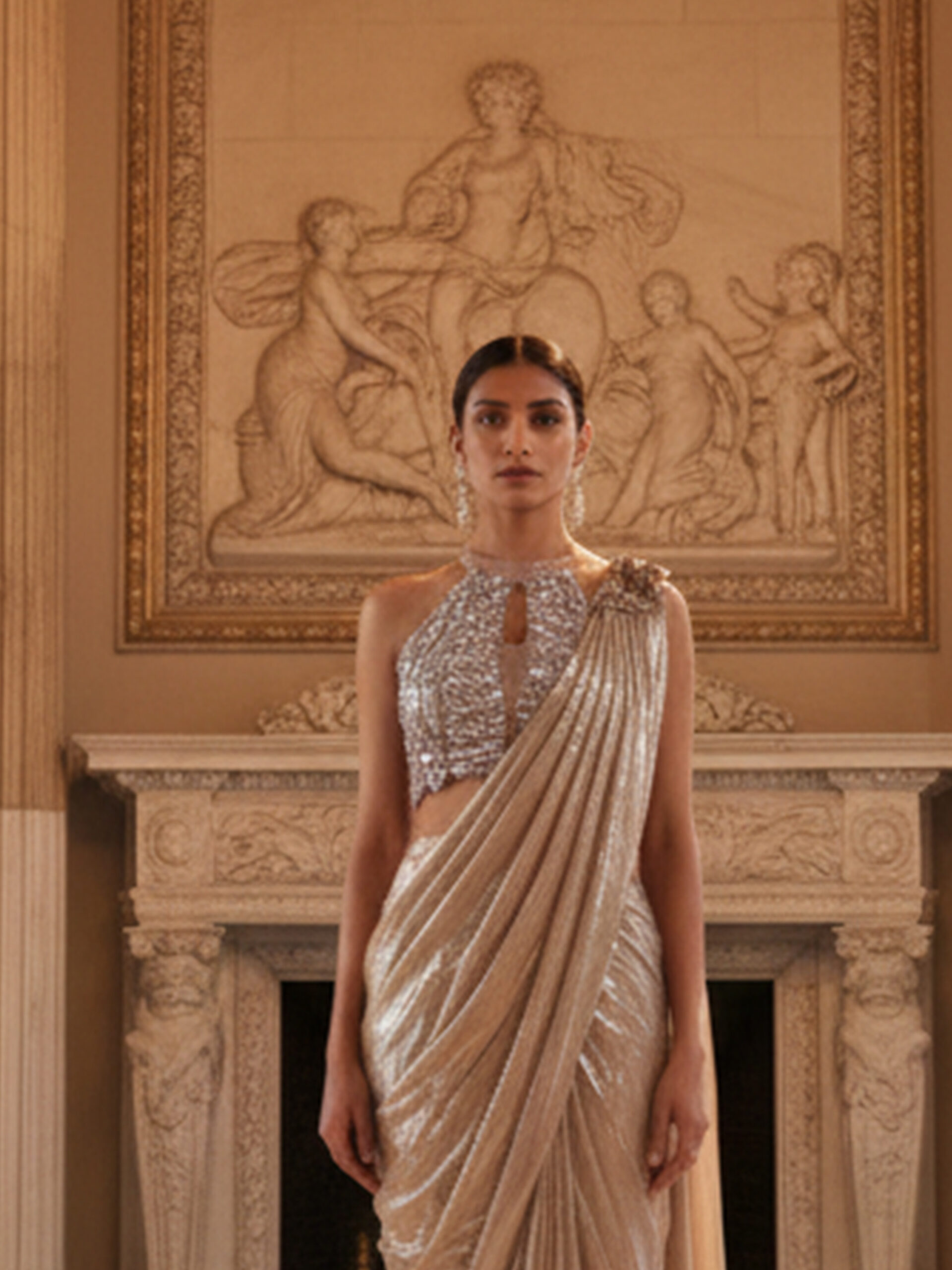 Ivory Champagne Pre-Draped Saree with Crystal Embellished Blouse - Image 2
