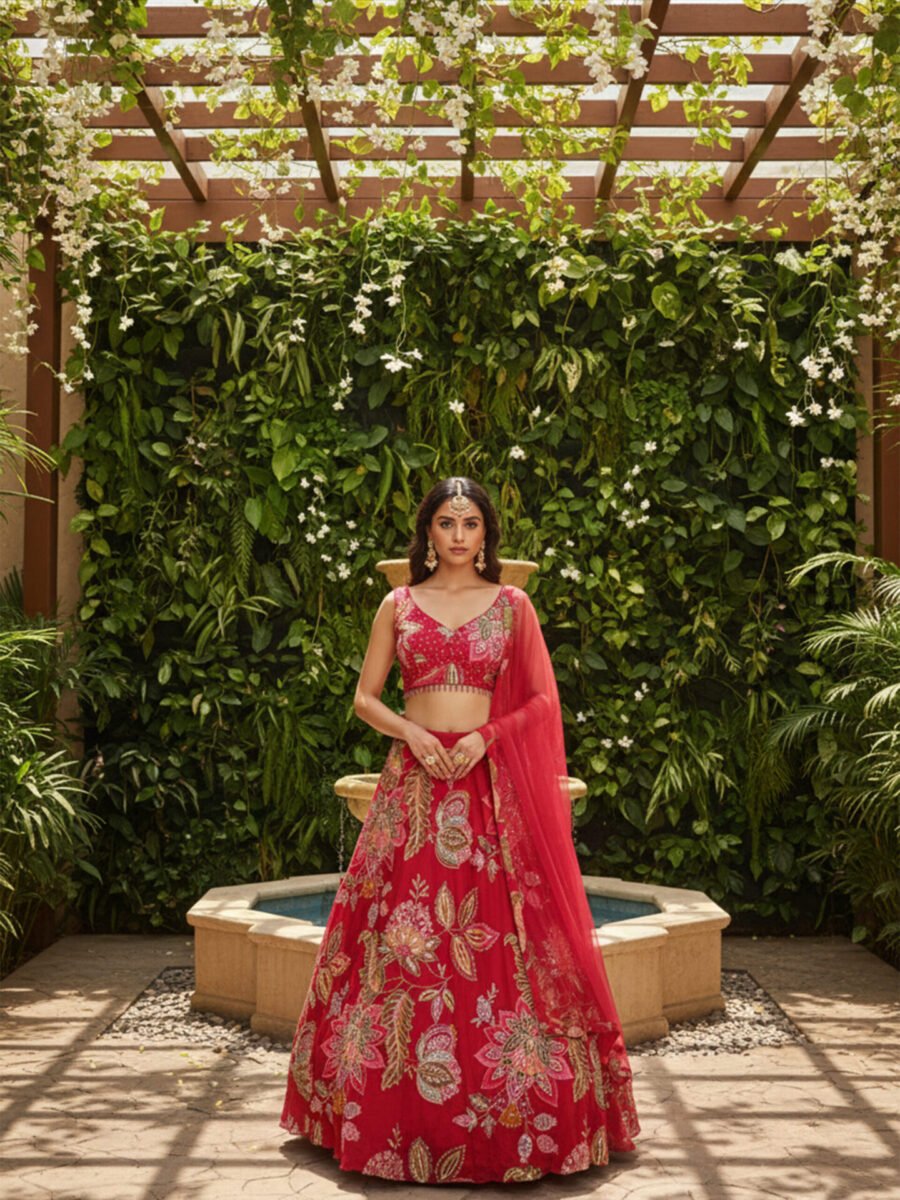 Crimson Bloom Embroidered Lehenga Set with Sheer Dupatta