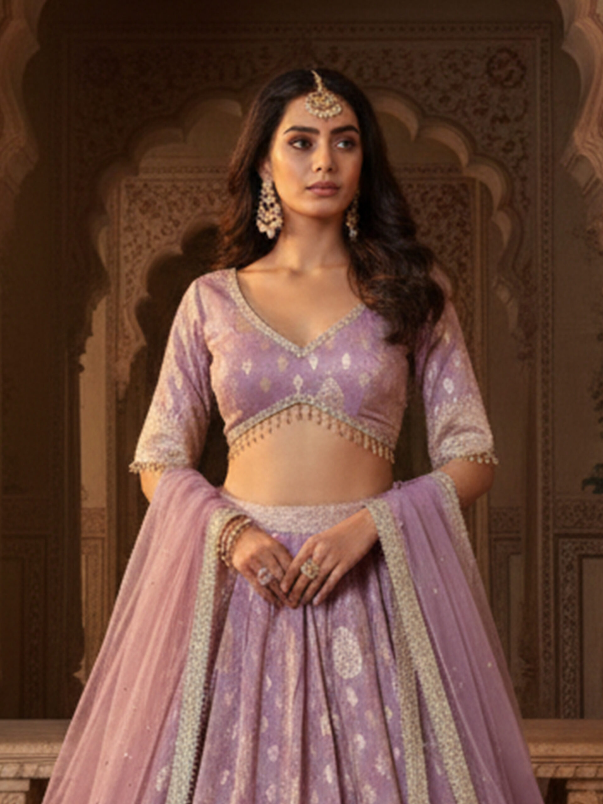 Lavender Handcrafted Silk Blend Bridal Lehenga Set - Image 2