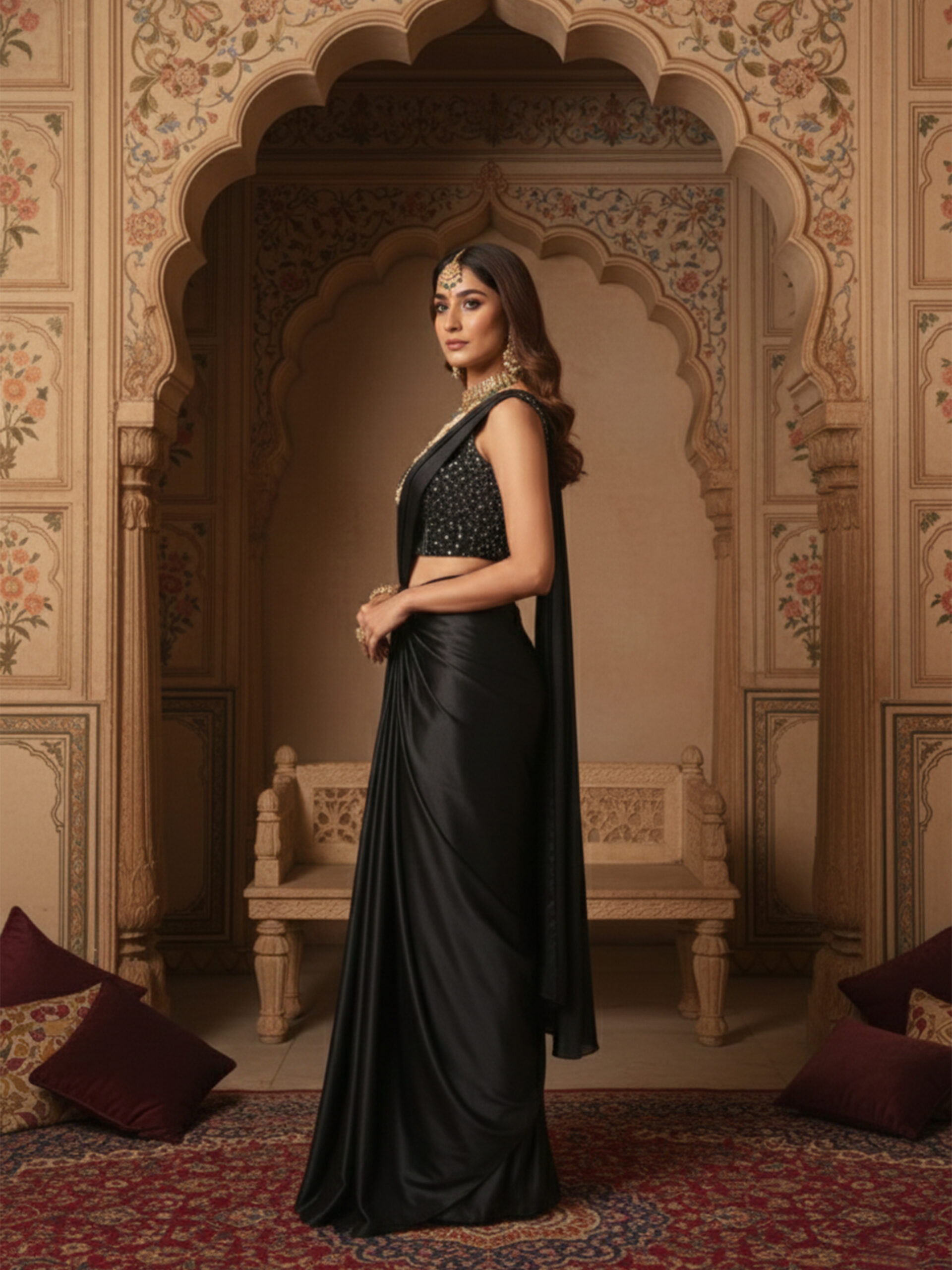 Midnight Noir Embellished Draped Saree Set - Image 3