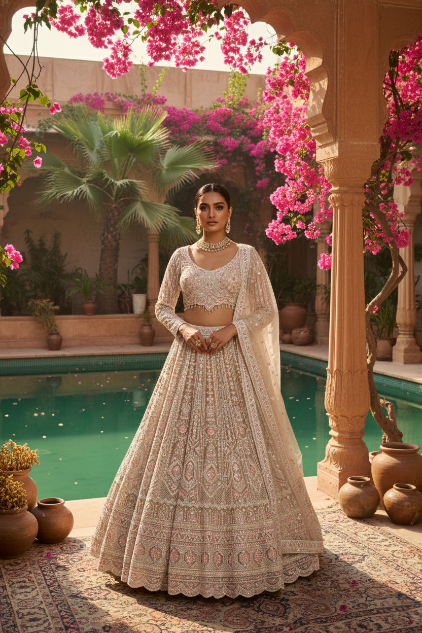 Ivory Blush Jaal Hand-Embroidered Bridal Lehenga Set - Image 3