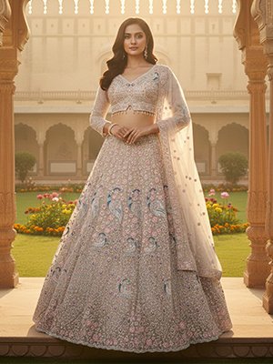 Ivory Meher Peacock Hand-Embroidered Bridal Lehenga Set
