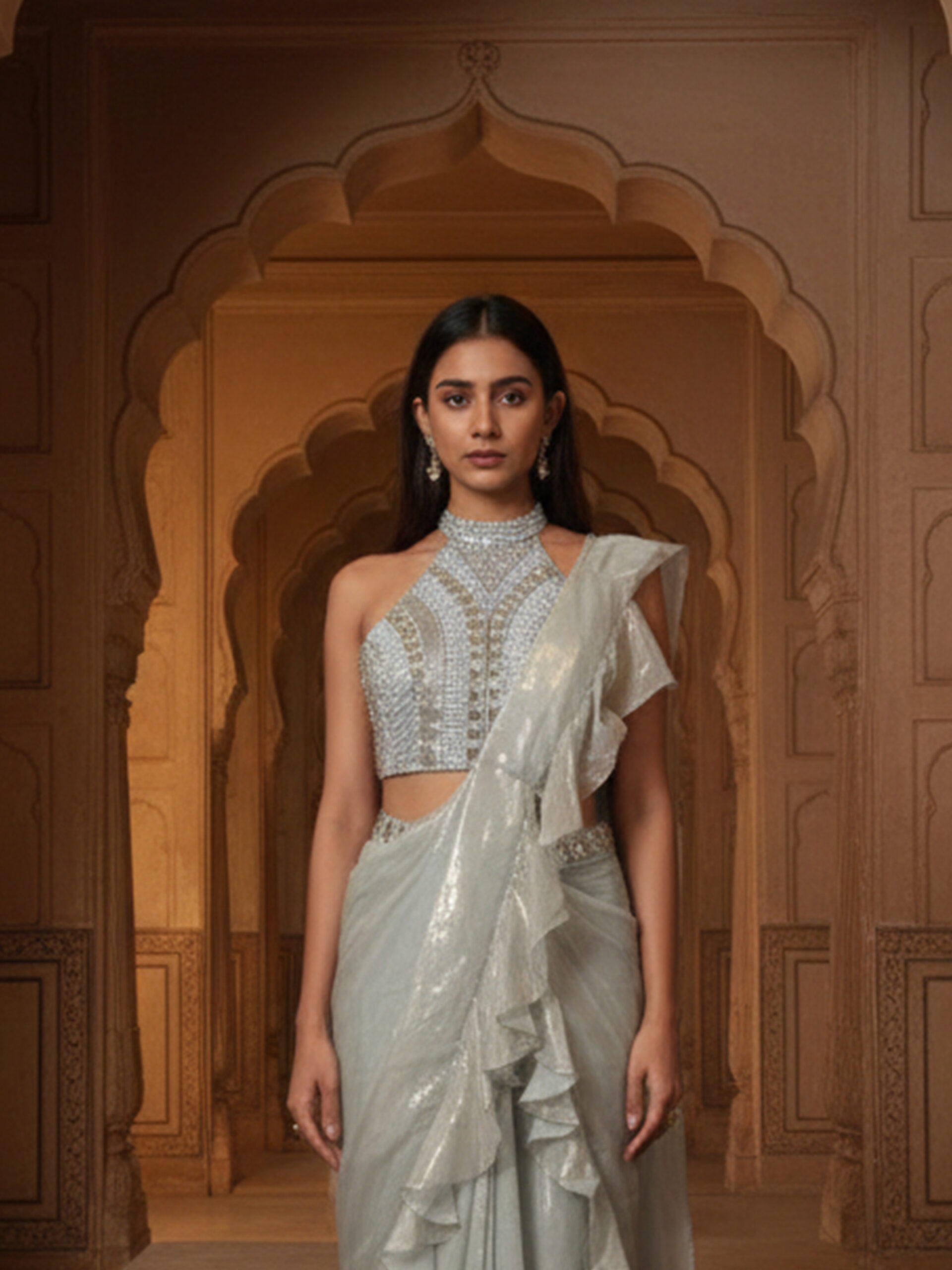 Ivory Silver Ruffle Draped Saree with Embellished Halter Blouse - Image 3