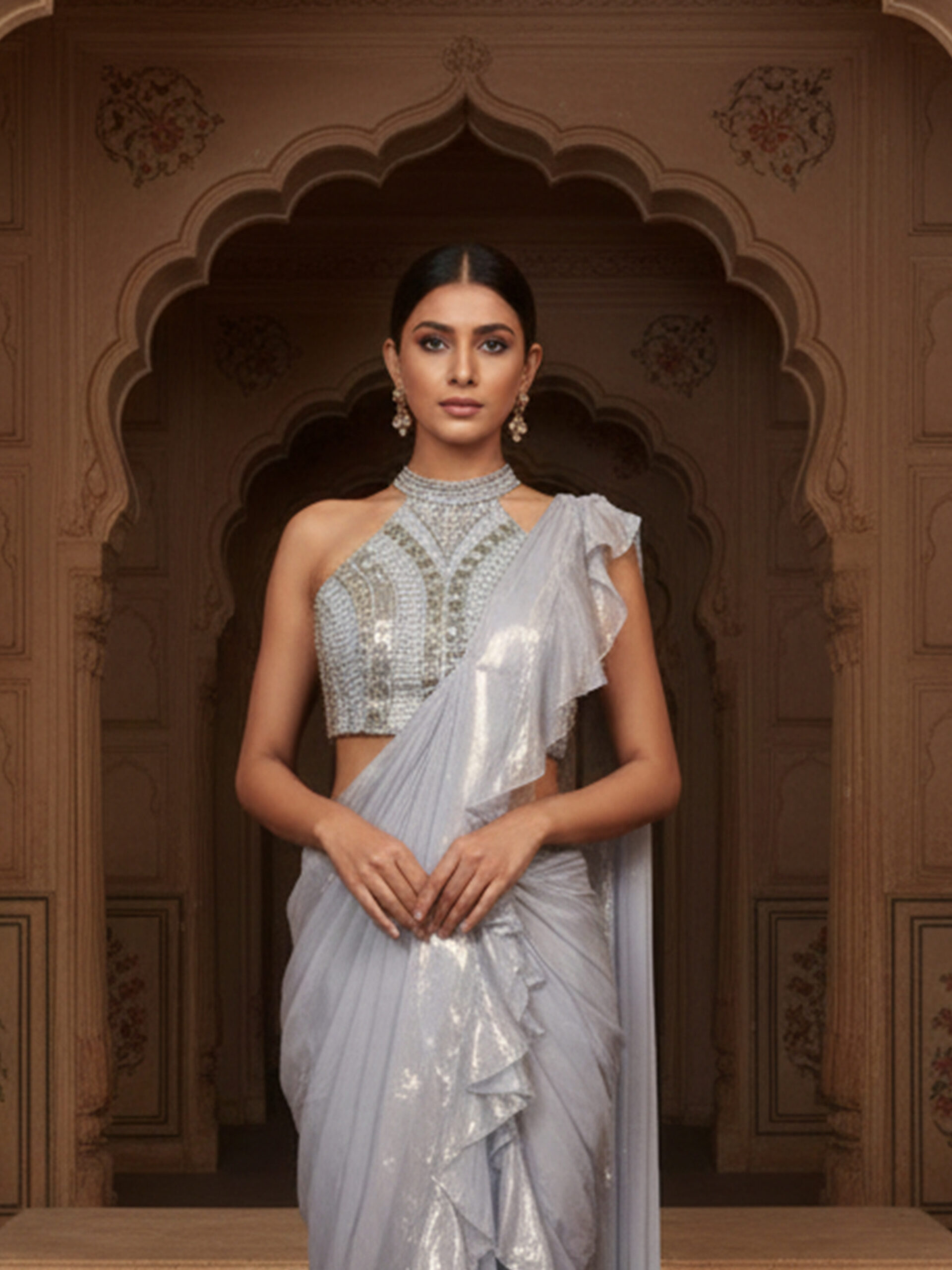 Moonlight Silver Ruffle Draped Saree with Embellished Halter Blouse - Image 3