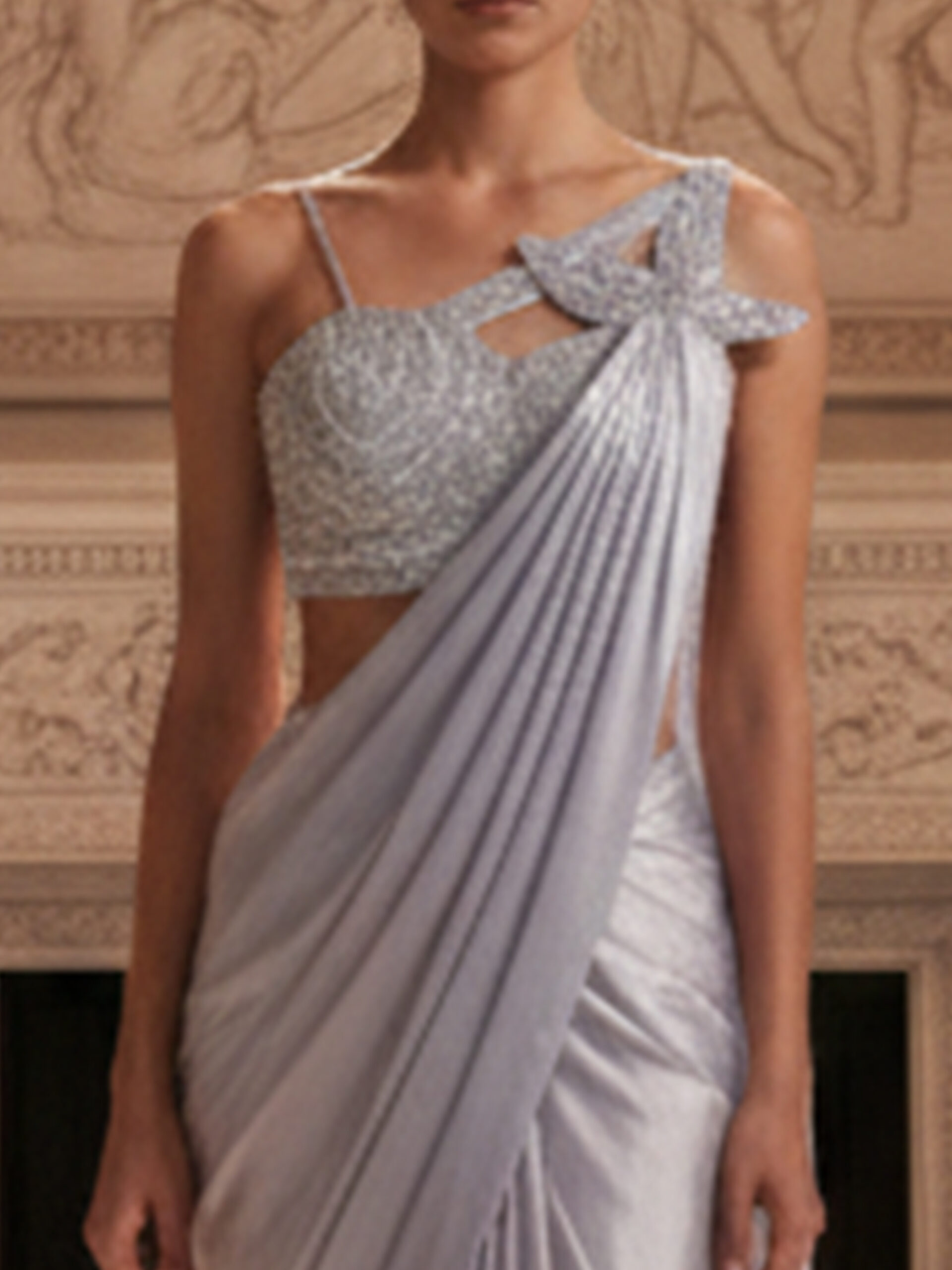 Elegant Silver Satin Pre-Draped Saree with Embellished One-Shoulder Blouse - Image 3