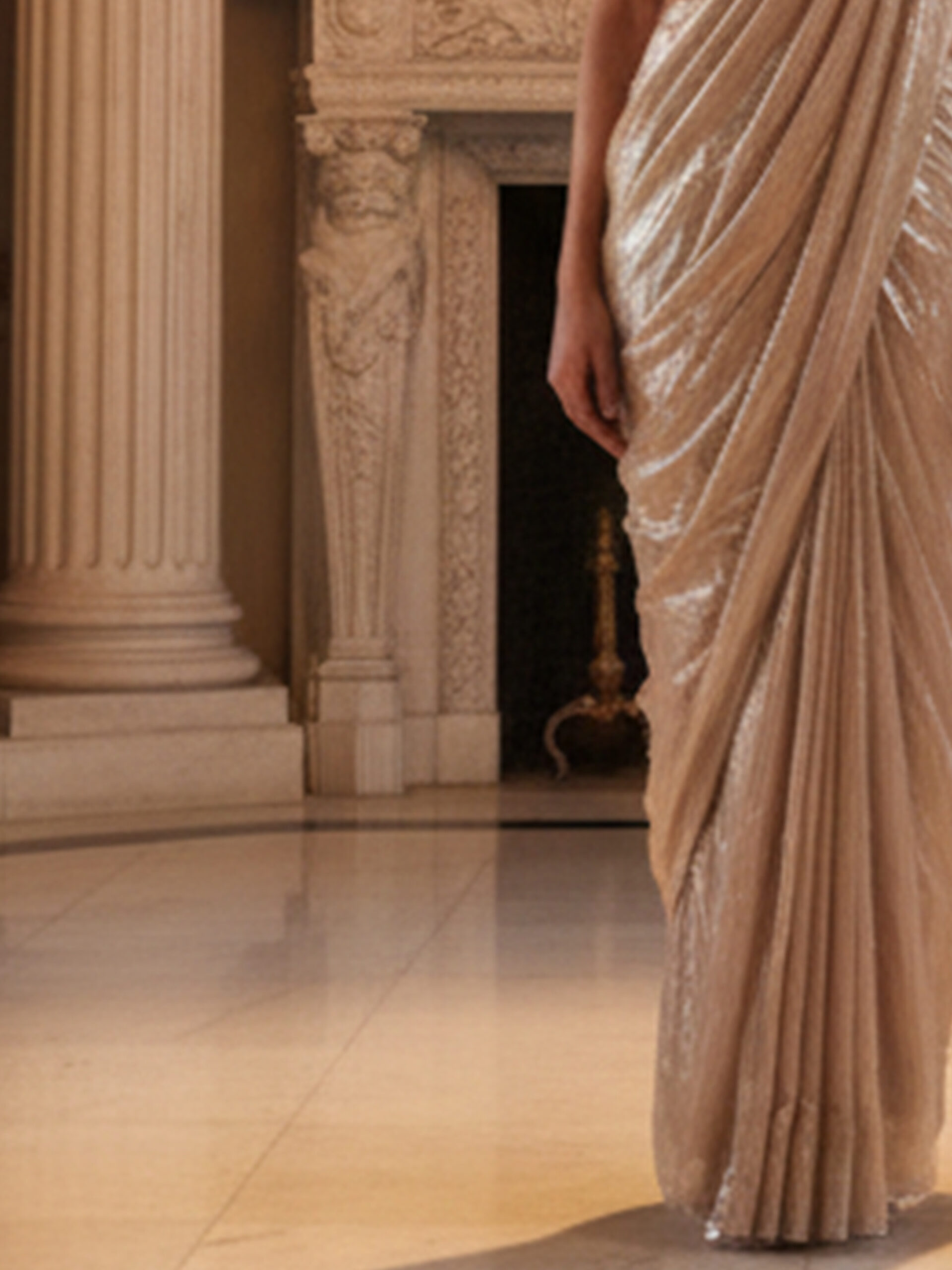 Ivory Champagne Pre-Draped Saree with Crystal Embellished Blouse - Image 3